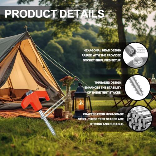 8 Pack Screw in Tent Stakes Heavy Duty,8 Inch Ground Anchors Screw in,Metal Stakes with Hex Head Driver,Camping Tent Accessories.(Orange)