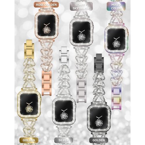 Rhinestones Encrusted Metal Bracelet and Case, Compatible with Apple Watch Bands 38mm-49mm (Series 10/1/SE/Ultra 2)- Bling Gold Women's Jewelry Strap, Luxury iWatch Bracelet with Screen Protector