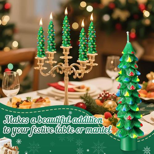 2 Pack Christmas Tree Candles, 5 Inch Unscented Tree Shaped Taper Beeswax Candles for Christmas Holiday Decor Table Centerpiece Display Party Banquet Gift (Green with Multicolor Trim)