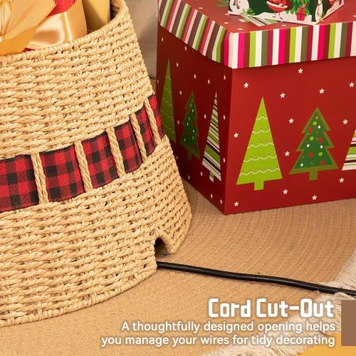OIAHOMY Christmas Tree Collar, Wicker Holiday Tree Skirt & Stand Base Cover,Paper Rope Christmas Decor with a Bow Tie, Natural-27 inch