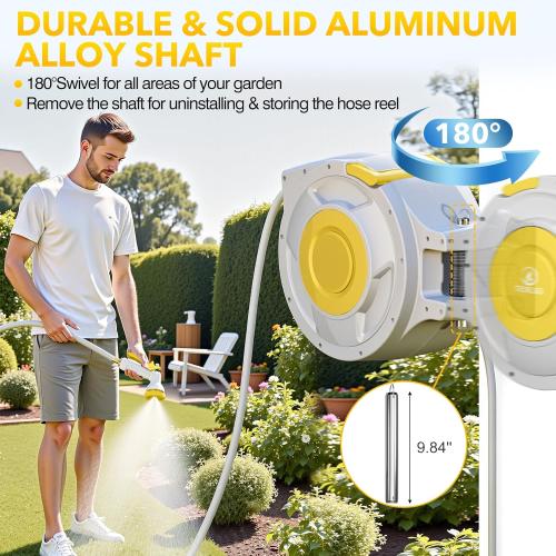 130 ft x 1/2 Retractable Garden Hose Reel, Heavy Duty Water Hose Reel Wall Mounted, Any Length Lock, 180°Swivel, Water Hose with 8-Function Nozzle for Cleaning, Watering (Yellow)