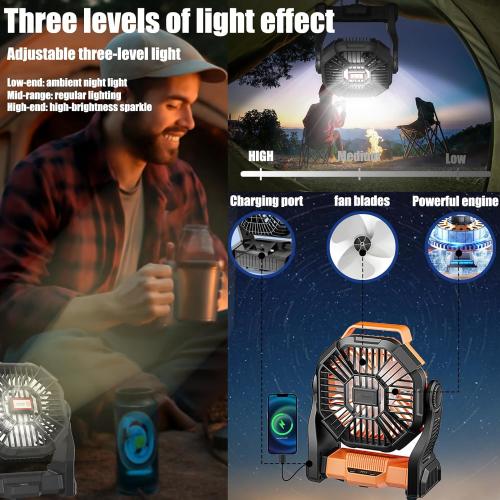 Camping Fan Rechargeable, Rechargeable Fan 20000mah Battery Powered Fans with LED Lantern and Hook, Camping Essentials for Tent, Travel, Car (Orange)