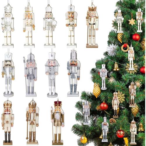 Woanger 48 Pcs Christmas Nutcracker Ornaments Xmas King and Soldier Gold and Silver Glittered Hanging Christmas Ornaments Mini Wooden for Xmas Tree Ornament Set(Silver Gold Nutcracker Style)