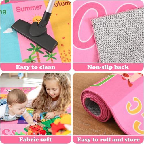 Pink Kids Rug for Playroom Classroom, ABC Alphabet Numbers Play Toddlers Rugs, Learning Educational Bedroom Floor Mat, Washable Baby Carpet for Girls Room, Nursery, Preschool, Daycare