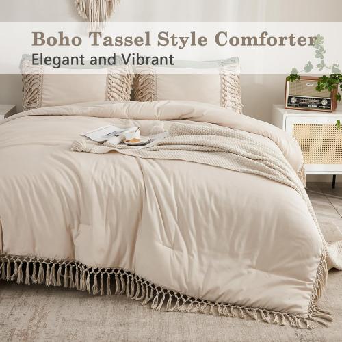 Comforter Queen Size Set Beige, 3 Pieces Tassel Boho Lightweight Winter Bedding Comforters & Sets, All Season Bed Set (90x90In Comforter & 2 Pillowcases)