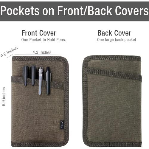 Tintris Journal Cover for Field Notes Notebooks Moleskine Cahier 3.5 x 5.5 with zipper pen holder, Water Resistant Pocket Notebook Cover for Journal Notebook planner, Classy Waxed Canvas, Olive