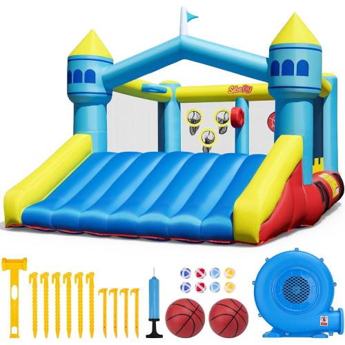 Bounce House, 6-in-1 Play Mode Inflatable Bounce House for Kids, High Elasticity Bouncy House with 480W Blower, Bouncy Castle with Wide Slide for Christmas, Birthday Parties