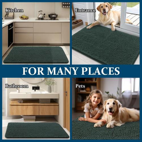 OLANLY Dog Door Mat for Muddy Paws 24x16, Absorbs Moisture and Dirt, Absorbent Non-Slip Washable Doormat, Quick Dry Chenille Mud Mat, Entry Indoor Entryway Carpet for Inside Floor, Blackish Green