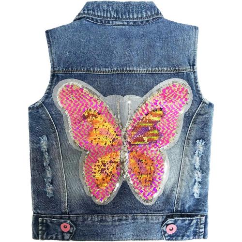 Peacolate Little Big Girl Outfit Distressed Sleeveless Jacket Embroidered Sequins Butterfly Denim Vest
