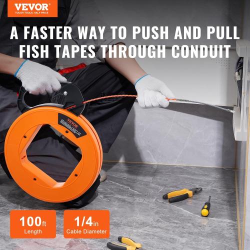 VEVOR Fish Tape, 100-foot, 1/4-inch, PET Wire Puller with Optimized Housing and Handle, Easy-to-Use Cable Puller Tool, Flexible Wire Fishing Tools for Walls and Electrical Conduit, Non-Conductive