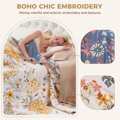 Boho Throw Blanket for Couch Sofa Chair Cotton Breathable Blankets for Bedroom Living Room All Season Soft Lightweight Reversible Floral Embroidery Throws Home Decor 50x 60