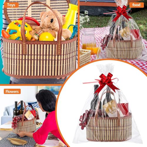 Tioncy 6 Set Baskets for Gifts Empty Bulk Large Woven Bamboo Gift Basket Kit with Handles, Clear Cellophane Wrap Baskets for Valentine's Day, Baby Shower, Birthday Party Gift Bags(Yellow)