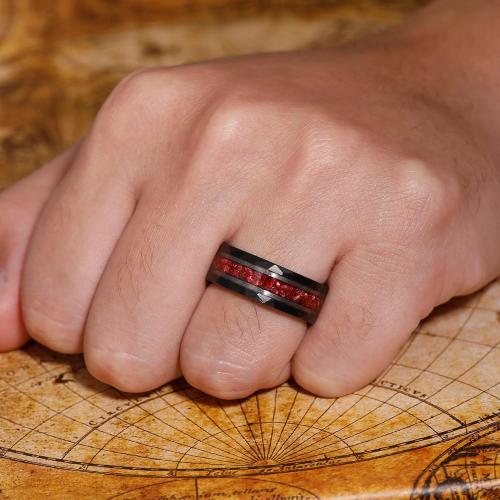 Size 7-11 8mm Mens Tungsten Wedding Bands 14K Gold White Black Gold Plated Tungsten Rings for Men with Created Emerald/Ruby/Meteorite Inlay Promise Rings Hammer Comfort Fit Size 7-11