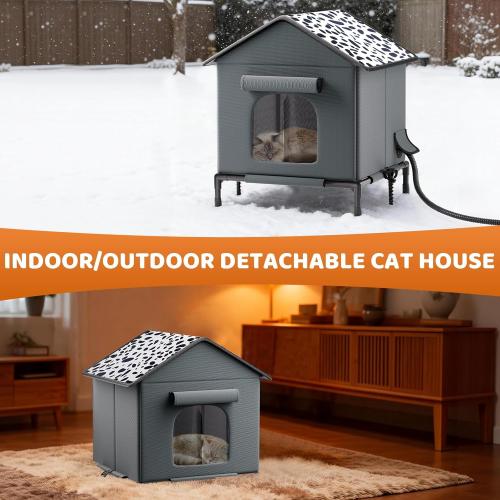 Heated Cat House for Outdoor Cats in Winter, Weatherproof Insulated Outside Cat House with Heating Pad, Warm Home for Barn Feral Stray Indoor/Outdoor Cat with Waterproof Elevated Base