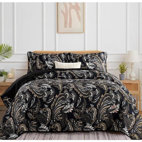 WONGS BEDDING Boho Quilt Set Queen,Black Paisley Floral Pattern Bedspread Coverlet Set with 2 Pillowcases,3 Piece Lightweight Microfiber Bohemian Quilt Bedding Set 96×90