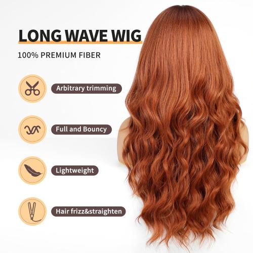 Orange Wigs with Bangs,Ginger Long Wavy Wig for Women,Long Curly Synthetic Hair Wig for Party Daily Use 24IN