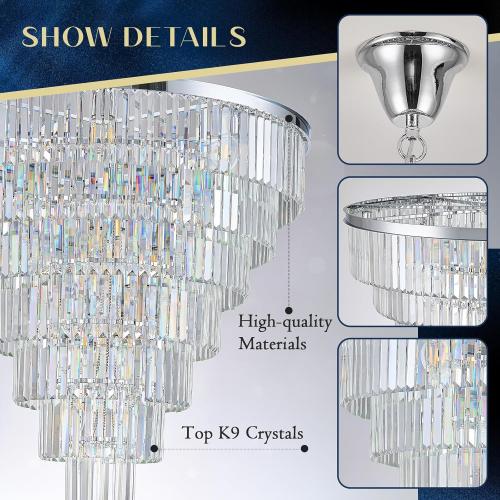 Chrome Crystal Chandelier Large 36 Modern Round Staircase Chandeliers 22 Lights 7-Tier Luxury K9 Crystal Ceiling Pendant Light Fixture for Tall Ceiling Living Room Foyer