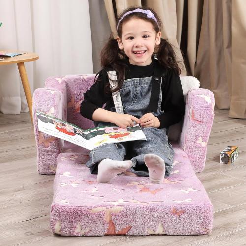 Toddler Couch, 2-in-1 Kids Soft Couch Fold Out with Star Pillow, Foldable Sofa to Lounger, Medium, Butterfly Glow in The Dark