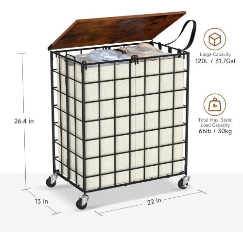 Laundry Basket with Wheels, Heavy Duty Laundry Sorter 2 Sections, 120L (32Gal.) Large Capacity Laundry Hamper with Wood Lid, 360 Rolling Wheels, Extra Side Pocket, Leather Pull Handle, Beige