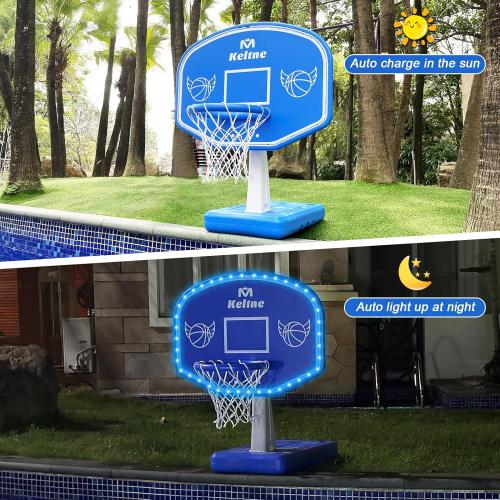 LED Pool Basketball Hoop, Solar Powered Poolside Basketball Hoop for Pool with Colorful Lights, Oversized Water Basketball Hoops with 2 Balls/Pump, Light Up Pool Games for Adults Teens.
