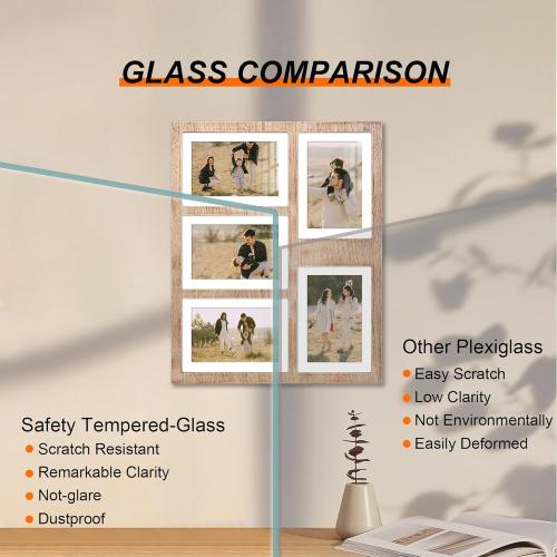 4x6 or 5x7 Picture Frames, Rustic Brown Wooden Frame with Real Glass, Displays Pictures Five 4x6 with Mat or 5Pcs 5x7 without Mat for Wall Mounting, Photo Collage Frame
