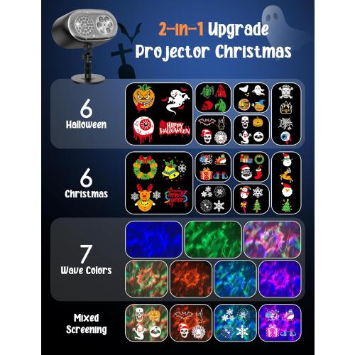 Christmas Projector Lights Outdoor, Christmas Patterns Holiday Projectors, 12 HD Effects (3D Ocean Wave   Patterns), Holiday Projector, Christmas Decorations for Light Show (Black-Christmas-01)