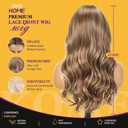KOME Brown Highlight Wavy 13×6 Synthetic Lace Front Wig for Women 22IN