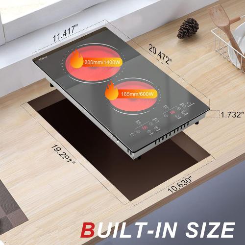 2 Burner Electric Cooktop 110v, 120v Plug In Electric Stove Top Burner, 12 Inch Built-in Radiant Electrics Stove, Countertop Ceramic Cooktop with Child Safety Lock, Timer, Over-Temperature Protection