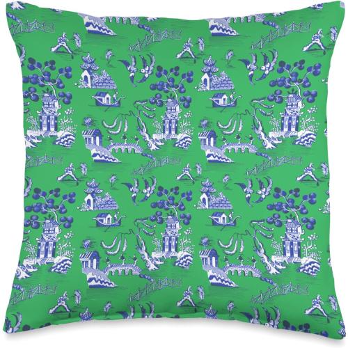 Preppy Blue and Green Willow Pattern Chinoiserie Toile Throw Pillow
