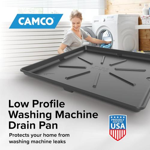 Camco Low Profile Washing Machine Drain Pan with PVC Fitting, 30.5-Inch x 34.5-Inch, Graphite - Protects Your Floors from Washing Machine Leaks - Easy to Use - Graphite - 20784