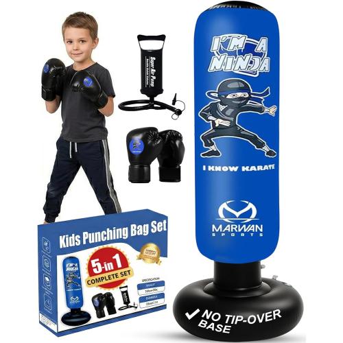 Marwan Sports 5-in-1 Kids Punching Bag Set with Gloves, Pump & Funnel – 63” Inflatable Boxing Bag for Kids 4-12, Durable PVC, Fast Rebound, Waterproof Base Cover with Handles, Gift for Boys & Girls
