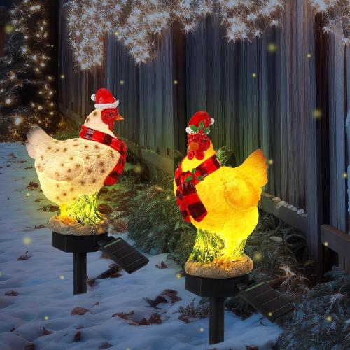 2 Pack Christmas Chicken Solar Light with Stake Outdoor Waterproof Chicken Statue Solar Light for Winter Home Patio Garden Yard Lawn Pathway Walkway Xmas Outdoor Decoration