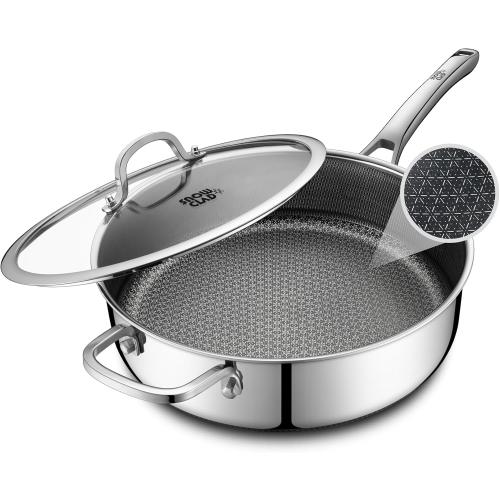 Size 12inch Frying Pans Nonstick with Lid,Hybrid Non Stick 5 Quart Saute pan,PFOA Free Cookware,Stainless Steel skillet,12 inch Deep Saute Pan,Dishwasher&Oven Safe,Works on All Cooktops