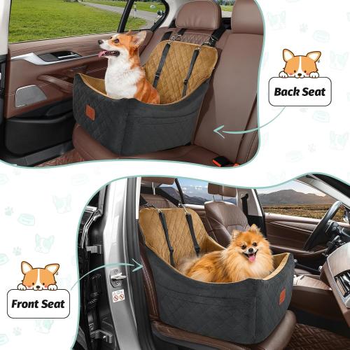 Black and Coffee Medium Size Dog Booster Car Seat for Up to 35lbs Pets,Easy to Install,Fully Detachable and Washable,Anti-Slip Base,Snug Puppy Car Seat with 2 Clip-On Leashes(Black/Coffee,Medium)