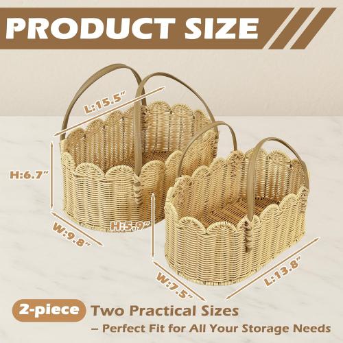 Rattan Picnic Basket with Handle, Wicker Picnic Basket with Scalloped Edge, Garden Harvest Basket, Woven Baskets for Vegetable & Fruit, 2 Pack
