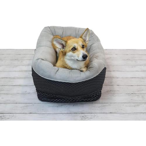 BarksBar Snuggly Sleeper Diamond Orthopedic Dog Bed Cat Bed with Foam Mattress, Plush Sleeping Space, and Soft Cotton Bolster Pillow, Small 26 x 20 Inches, Gray