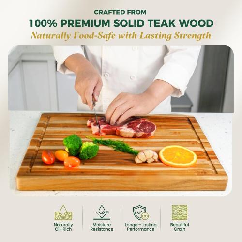 Teak Wood Cutting Boards for Kitchen, [18 x 14 x 1.25] Medium Wooden Cutting Boards, Knife Friendly Butcher Block Cutting Board with Deep Juice Grooves and Built in Handle