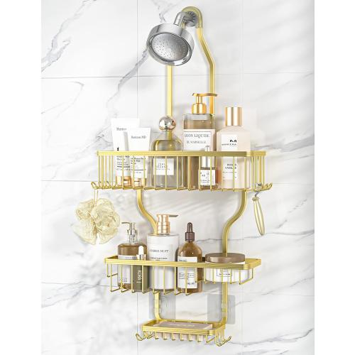 Gold Shower Caddy Over Shower Head Never Rust Aluminum Large Hanging Shower Caddy with 10 Hooks for Razor/Sponge - Over The Shower Head Caddy with Soap Basket - Hanging Shower Organizer Gold