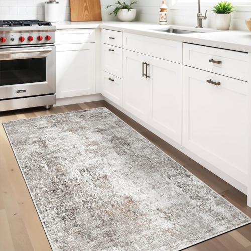 Washable 3x5 Entryway Rug - Non-Slip Soft Low-Pile Thin Small Area Rugs for Kitchen Bedroom Living Room Hallway – Modern Abstract Neutral Door mat Indoor（Beige Grey）