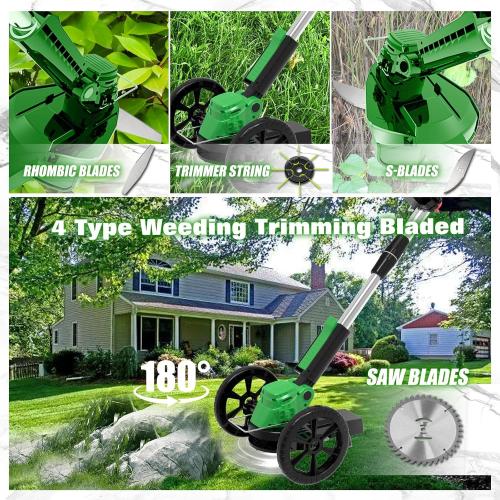 Green Electric Weed Wacker Eater Cordless, Weed Wacker Battery Powered, Weed Trimmer with 2X 2.0Ah Battery Operated & 25 Blades & Wheels, 3 in 1 No-String Grass Trimmer/Brush Cutter/Edger for Garden Yard