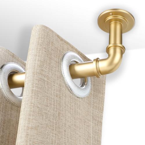 OLV Gold Industrial Curtain Rods for Windows 66 to 120 Inch(5.5 to 10 Feet), 1 Inch Diameter Blackout Wrap Around Adjustable Heavy Duty Window Drapery Rods, Indoor and Outdoor