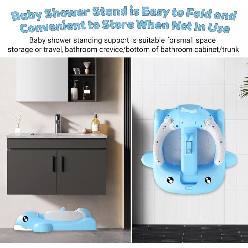 ‼️could have missing items ‼️Foldable Baby Shower Stand, Toddler Shower Stand with Anti-Slip Base & Anti-Pinch Silicone, Baby Shower Standing Support 6-36 Months,Baby Stand Up Shower |Soporte para Bañera de Bebé (Blue Whale)