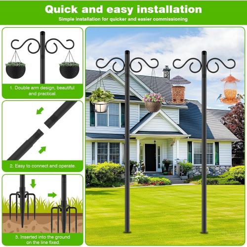 RCUICA Double Shepherds Hooks for Outdoor,2 Pack 110Inch Bird Feeder Pole with 5 Prongs Base,Heavy Duty Shepherds Hook,Suitable for Garden in Hanging Flower Basket,Lantern,Bird Nests (110 inch)