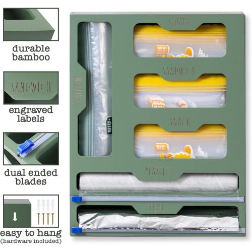 Rae Dunn Bamboo Bag Organizer for Kitchen Drawer - Durable Wood Organizer for Kitchen Storage - Holds Gallon, Quart, Snack, Sandwich Size Baggies, Plastic Wrap and Foil