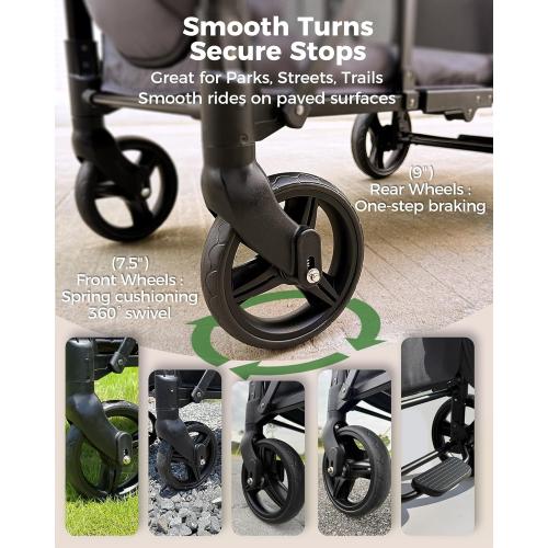 Wagon Stroller for 2 Kids with Insulated Snack Pack Foldable All-Terrain Wagon Stroller, 5-Point Harness & Canopy Parent Organizer Adjustable Handle (Grey)