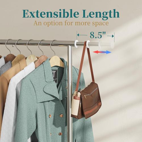 Simple Trending Clothing Garment Rack, Extendable Clothes Organizer, Chrome | Clothes Rack with Bottom Storage Shelf, 360° Wheels, Waterproof and Rust-resistant, Multiple Uses, Bedroom, Laundry Room