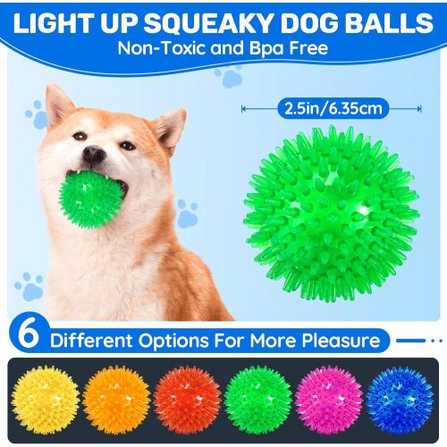 6 Pack 2.5 Light Up Squeaky Dog Balls, Spiky Dog Toy Balls for Puppy Small,Medium Dogs