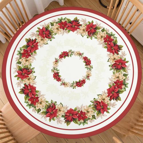 Christmas Round Fitted Tablecloth with Elastic for 40-44 Inch Tables Winter Floral Leaves Print Fitted Table Cover Waterproof Holiday Theme Farmhouse Indoor Outdoor Patio Picnic Party Decor
