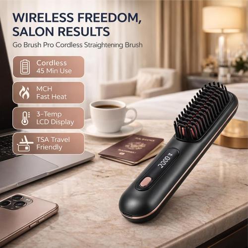 Go Brush Pro - 2026 Portable Straightener Brush for Travel, Cordless Hair Straightener Comb for Women (Black)