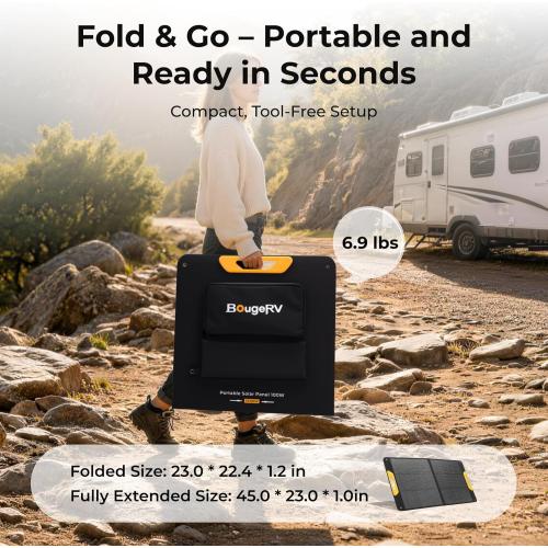 BougeRV 100W Portable Solar Panel, N-Type Foldable Solar Charger Fiberglass | 100W Solar Panel, Fiberglass Layer, Foldable Charging Design, 25% High Efficiency, IP65 Protection for Camping RV, Off-Grid